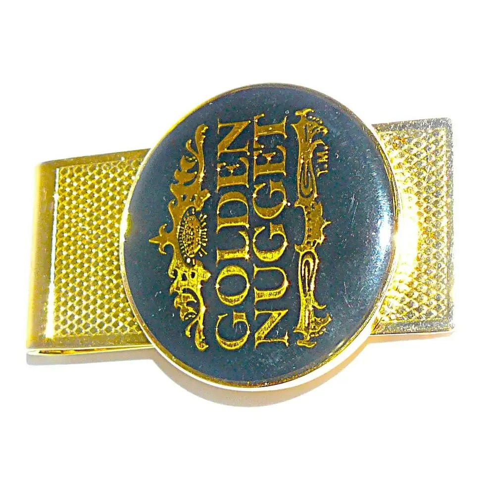 Vtg Golden Nugget Casino Gold Plated Money Clip Black Enamel Accent 2.1